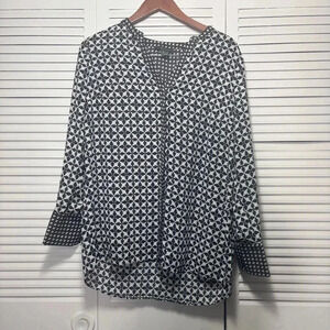 Primark Long Sleeve Geometric Pattern Navy and White Blouse Size 12
